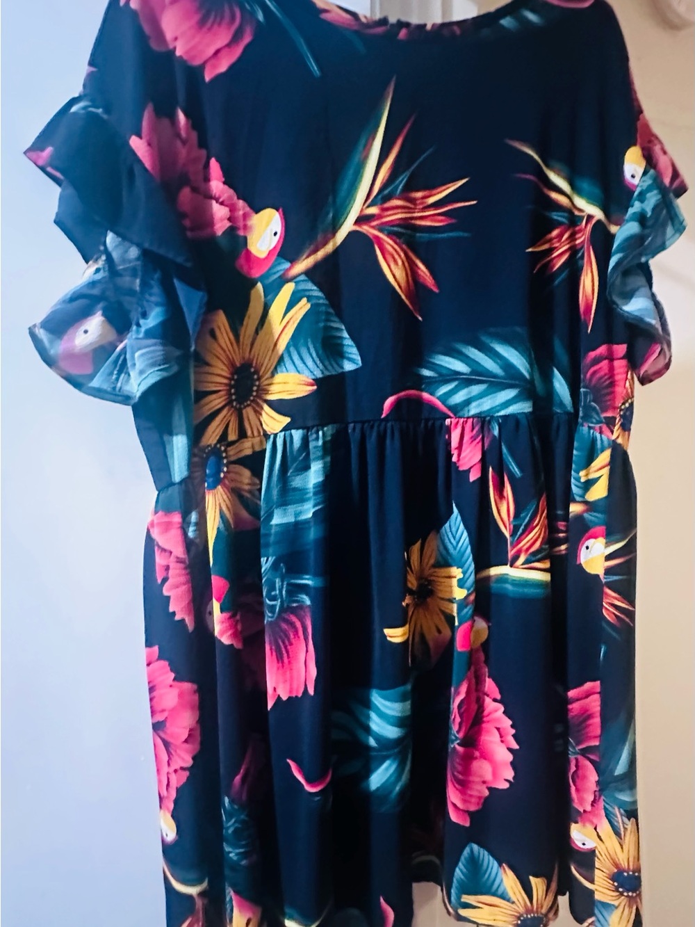 Tropical Floral Flutter Sleeve Dress - Navy with Pink & Yellow